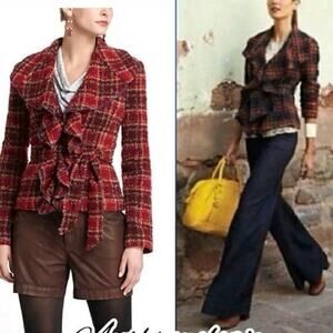 Anthropologie Tabitha Ruffle Collar Wool Blend Jacke Sz 4 Preppy Equestrian Glam